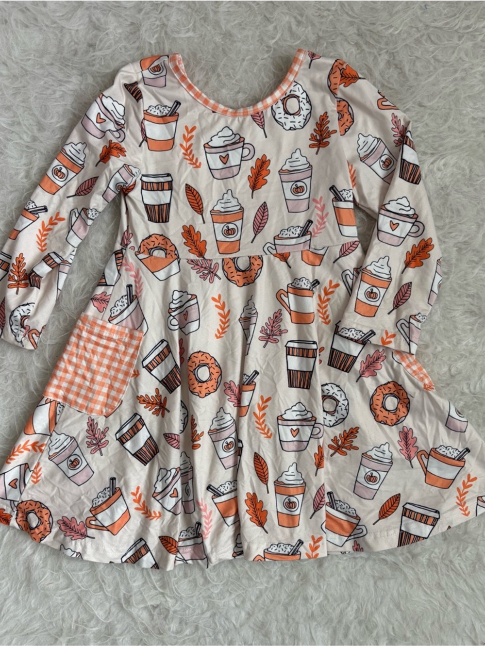 Marie Nicole Girls' Cream Knit Dress with Orange Coffee & Donut AOP